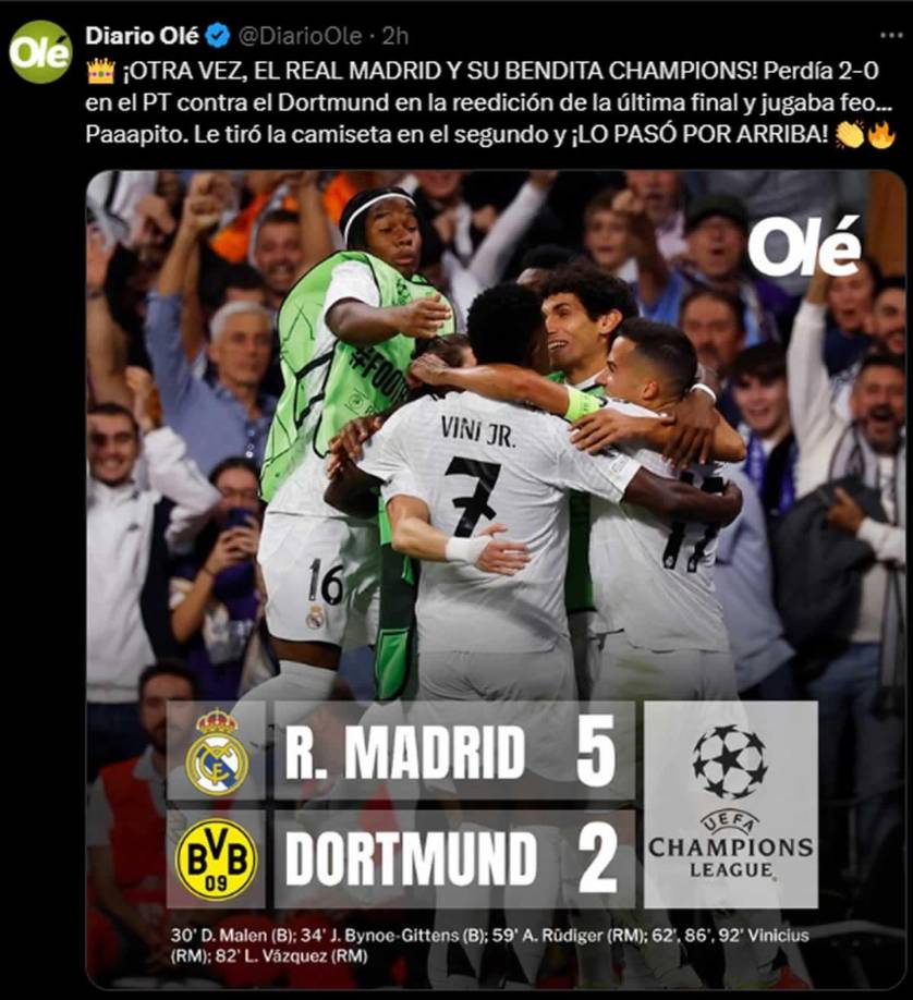 Diario Olé - “¡Otra vez, el Real Madrid y su bendita Champions! Perdía 2-0 en el PT contra el Dortmund en la reedición de la última final y jugaba feo... Paaapito. Le tiró la camiseta en el segundo y ¡lo pasó por arriba!”.