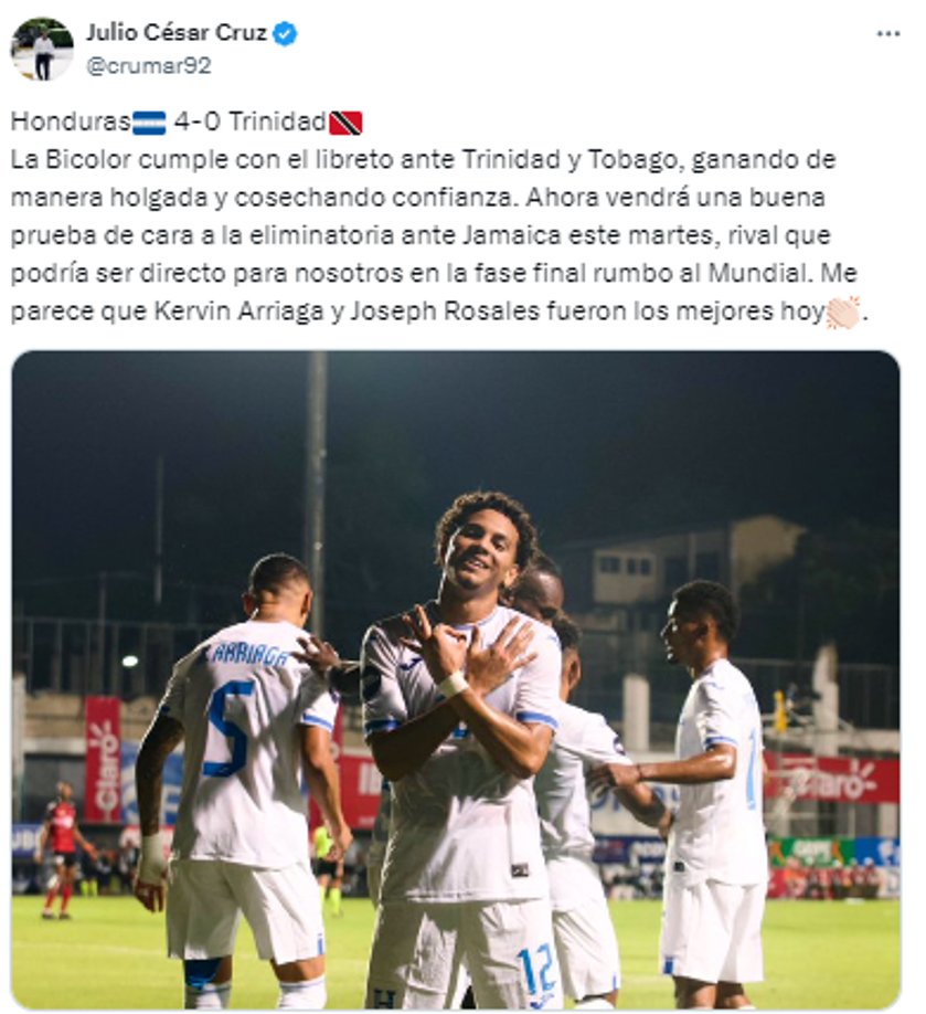 Julio Cruz, de EL HERALDO: “La Bicolor cumple con el libreto ante Trinidad y Tobago, ganando de manera holgada y cosechando confianza”.