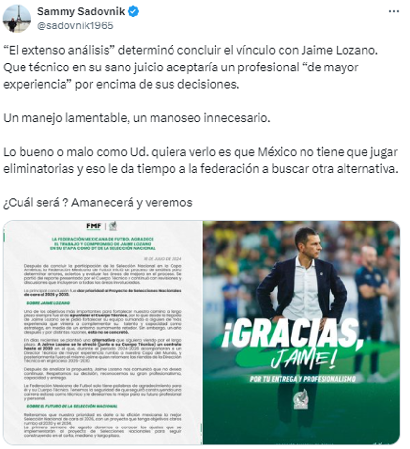 “Que técnico en su sano juicio aceptaría un profesional “de mayor experiencia” por encima de sus decisiones. Un manejo lamentable”,