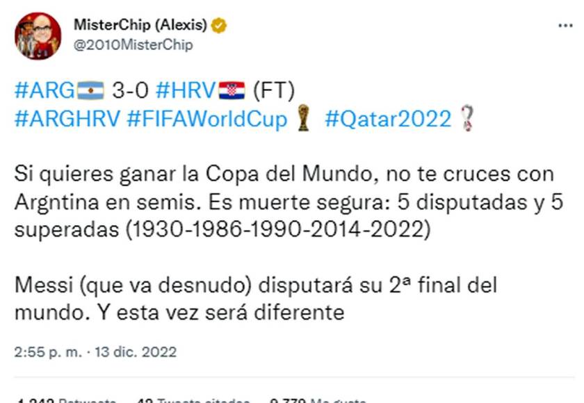 MisterChip y su dato histórico de lo que ha conseguido Argentina en el Mundial de Qatar 2022.
