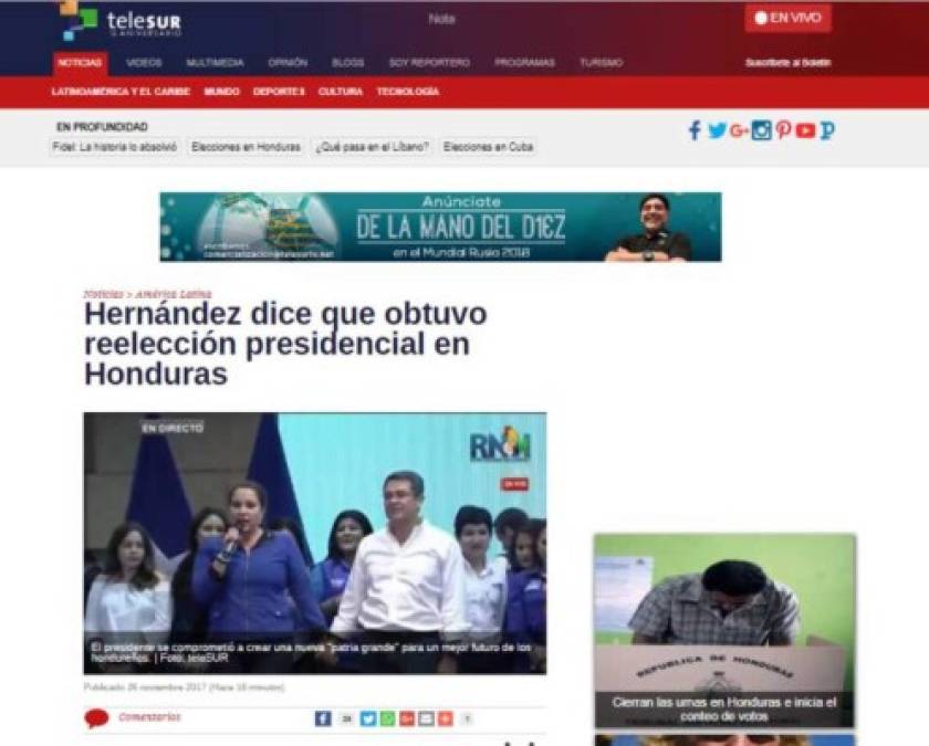 Telesur de Venezuela: 'Hernández dice que obtuvo reelección presidencial en Honduras'. 'El mandatario hondureño dijo estar contento con las encuestas que lo dan como ganador de las elecciones para los próximos cuatro años de gobierno'.<br/>
