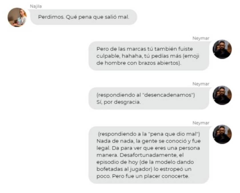 Neymar se defiende en el chat diciendo que ella (la modelo) también es culpable de esas marcas porque 'pedía más'.