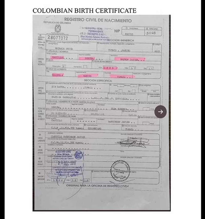 El verdadero nombre del jugador es Bayron Javier Castillo Segura y su acta de nacimiento colombiana lo demuestra.