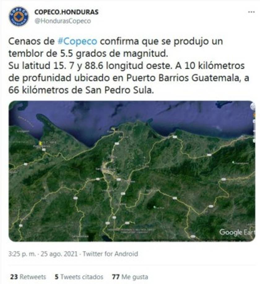 Declaración oficial de la estatal Comisión Permanente de Contingencias (Copeco) minutos después de la actividad sísmica.