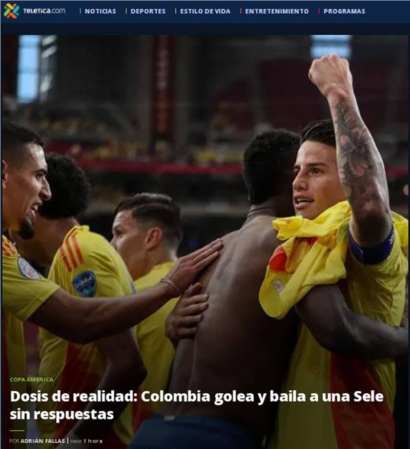 Teletica de Costa Rica - “Dosis de realidad: Colombia golea y baila a una Sele sin respuestas”.