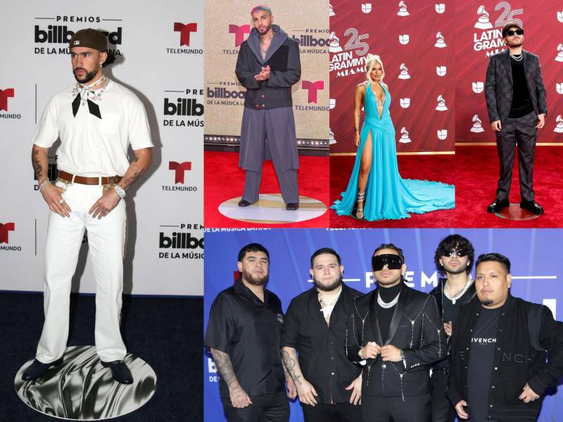Composición de fotografías de archivo donde aparece ( de i a d) el cantante puertorriqueño Bad Bunny, el grupo de regional mexicano Fuerza Regida, el también puertorriqueño Rauw Alejandro, la cantante colombiana Karol G, y el artista del regional mexicano Tito Double P. EFE/Archivo