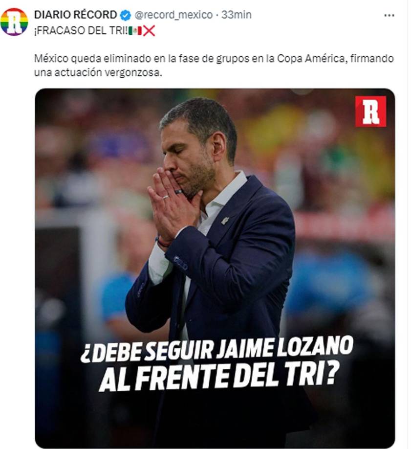El diario Récord considera como “fracaso” la eliminación de México, “firmando una actuación vergonzosa” y se preguntan si “¿debe seguir Jaime Lozano al frente del Tri?”.