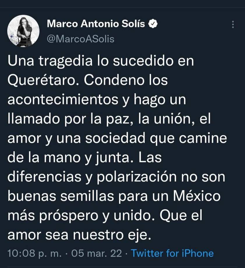 El cantautor mexicano Marco Antonio Solís también dio su punto de vista y condenó los hechos violentos ocurridos en el Querétaro vs Atlas.