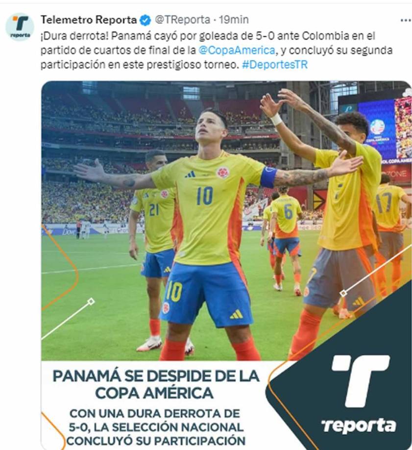 Telemetro de Panamá - “¡Dura derrota! Panamá cayó por goleada de 5-0 ante Colombia en el partido de cuartos de final de la Copa América y concluyó su segunda participación en este prestigioso torneo”.