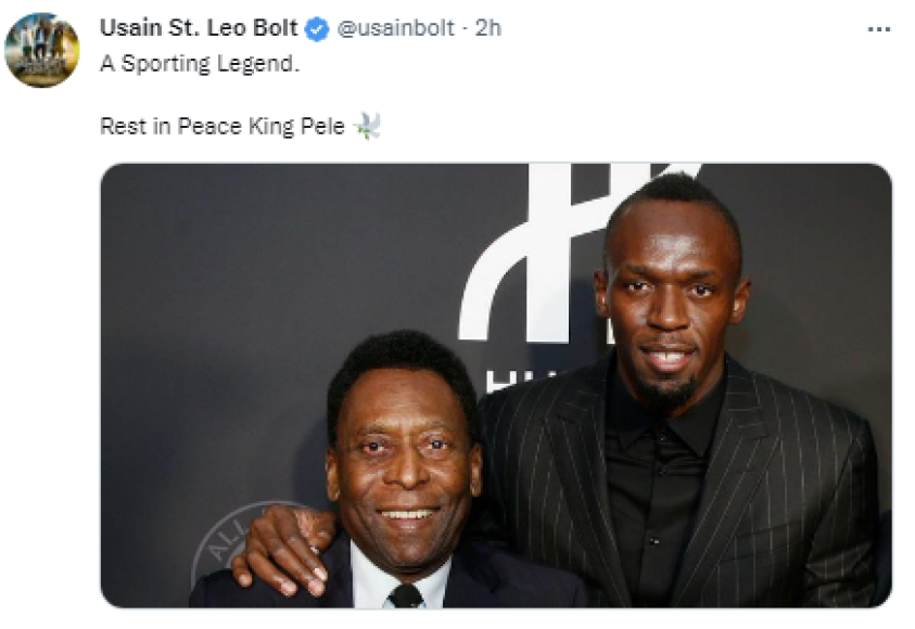 Usain Bolt (Atleta): “Una leyenda del deporte. Descanse en paz, rey Pelé”, escribió en su cuenta oficial de Twitter junto a una fotografía en la que aparece abrazando al astro brasileño.