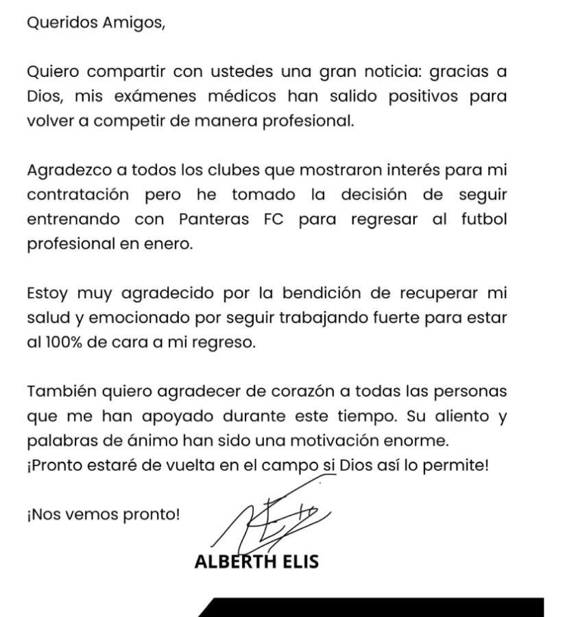 Comunicado íntegro de Alberth Elis.