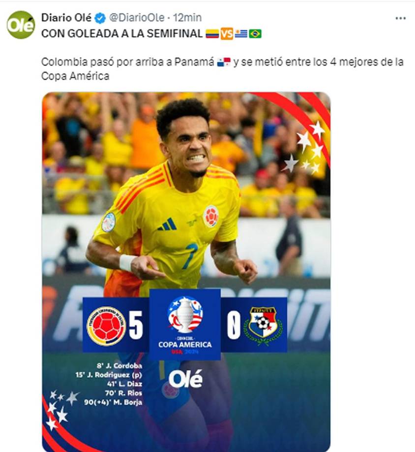 Diario Olé - “Con goleda a la semifinal. Colombia pasó por arriba a Panamá y se metió entre los 4 mejores de la Copa América”.