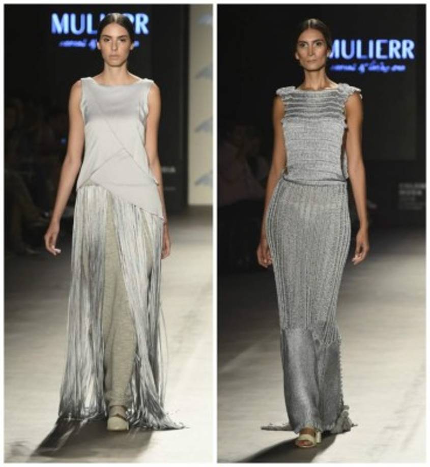 Mulierr. Algodón orgánico, seda y crepé fueron las telas que usó esta firma de Lorena Cuevas y Paola Tarazona. En sus salidas demostraron un concepto muy claro de lo que es el trabajo artesanal en tonos como el gris, el azul naval, el macadamia o el crema y cortes estructurados y asimétricos que conforman piezas un tanto geométricas y elegantes. Algunos de los vestidos estrella de la colección fueron bordados a mano bajo la técnica de dos agujas como técnica ancestral.