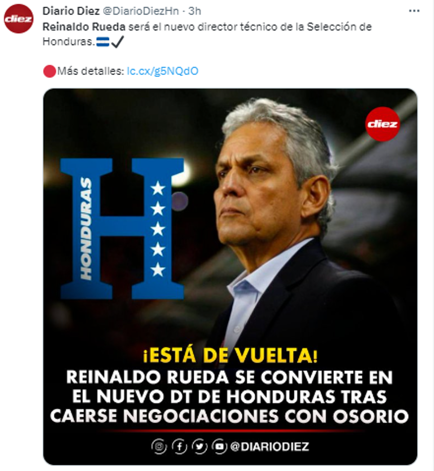 Así informó Diario DIEZ la noticia sobre la llegada de Reinaldo Rueda al banquillo de la Selección de Honduras.