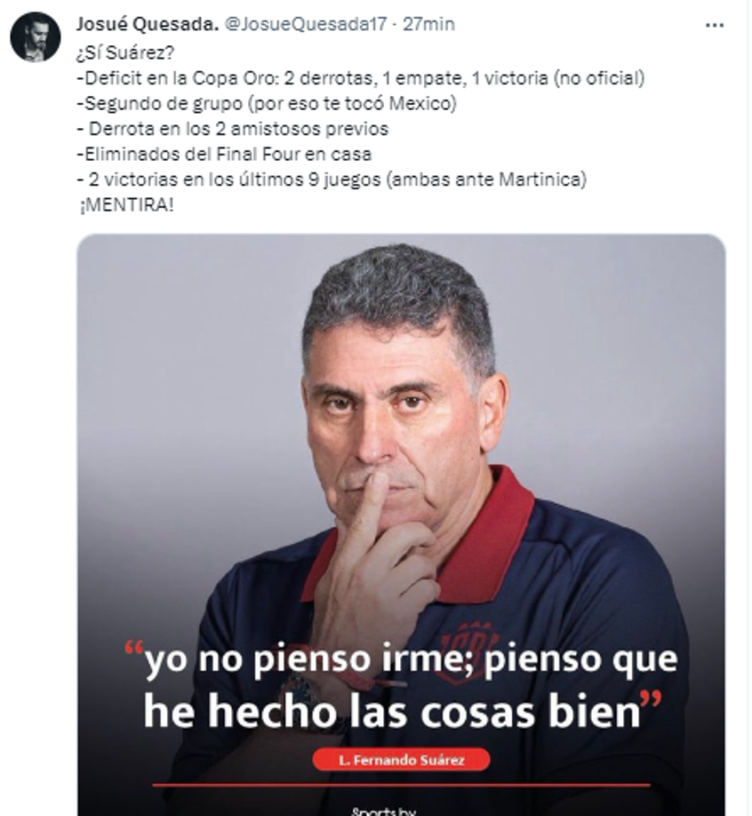 Josué Quesada, periodista tico, hizo un análisis del rendimiento del entrenador Luis Fernando Suárez con la Selección de Costa Rica.