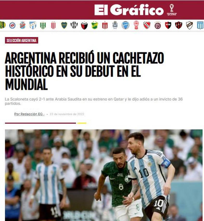 En su contracrónica El Gráfico consideró “cachetazo histórico” el caer contra un rival como Arabia.
