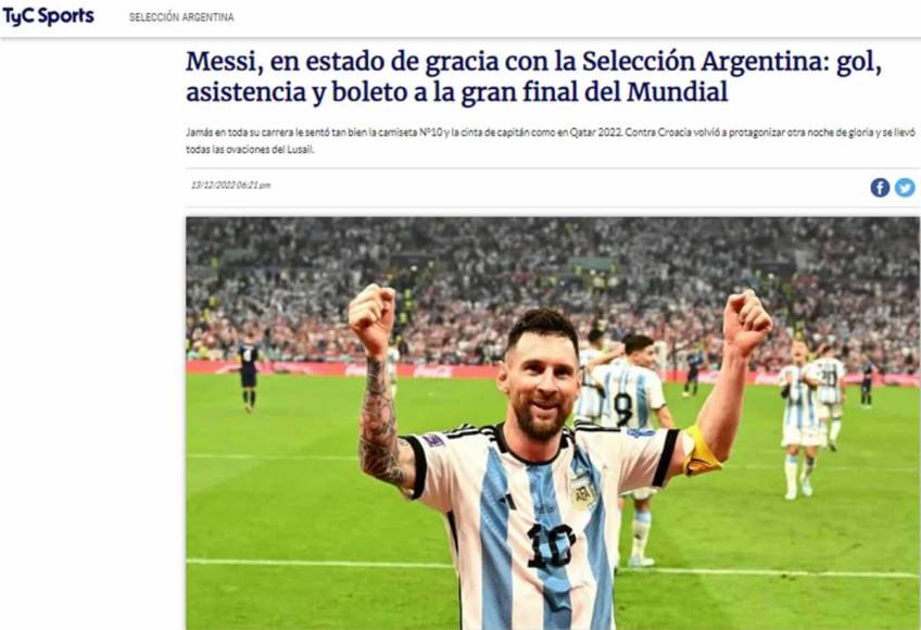 TyC Sports - “Messi, en estado de gracia con la Selección Argentina: gol, asistencia y boleto a la gran final del Mundial”.
