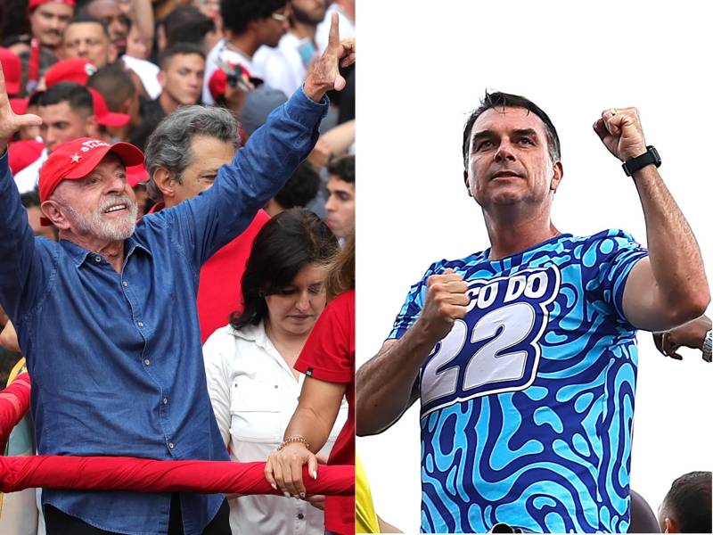 El presidente y candidato a la reelección de Brasil, Luiz Inácio Lula da Silva (i), y al candidato opositor, Flávio Bolsonaro, durante sus respectivos cierres de campaña este sábado y que, según los últimos sondeos, Bolsonaro ganaría la segunda vuelta de las elecciones con un 51 % de los votos válidos frente al 49 % de Lula da Silva.