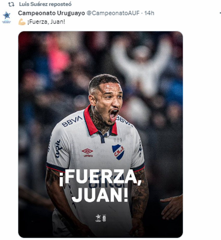 Más tarde, compartió una publicación de la cuenta oficial del Campeonato Uruguayo deseándole fuerzas a quien en las últimas dos temporadas se consagró campeón de ese certamen, una con Nacional y una con Liverpool.