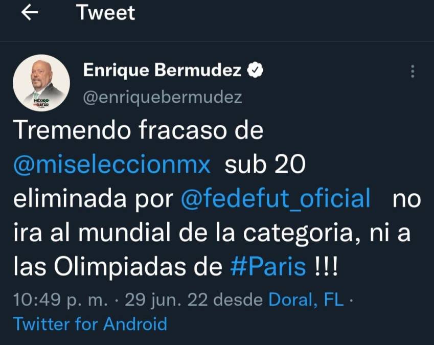 Enrique ‘El Perro” Bermudez, no dejó pasar por alto el fracaso de la representación del equipo azteca.