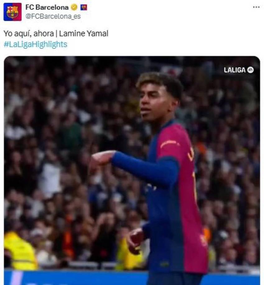 También le dedicó un posteo a Lamine Yamal, quien se convirtió en el jugador más joven en anotar en un Clásico. El atacante de 17 años lo celebró como alguna vez lo hizo Cristiano Ronaldo: “Calma, yo aquí estoy”.
