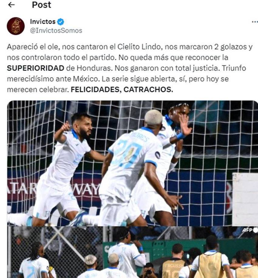 El portal Invictos de México felicitó a Honduras por su excelente partido. 