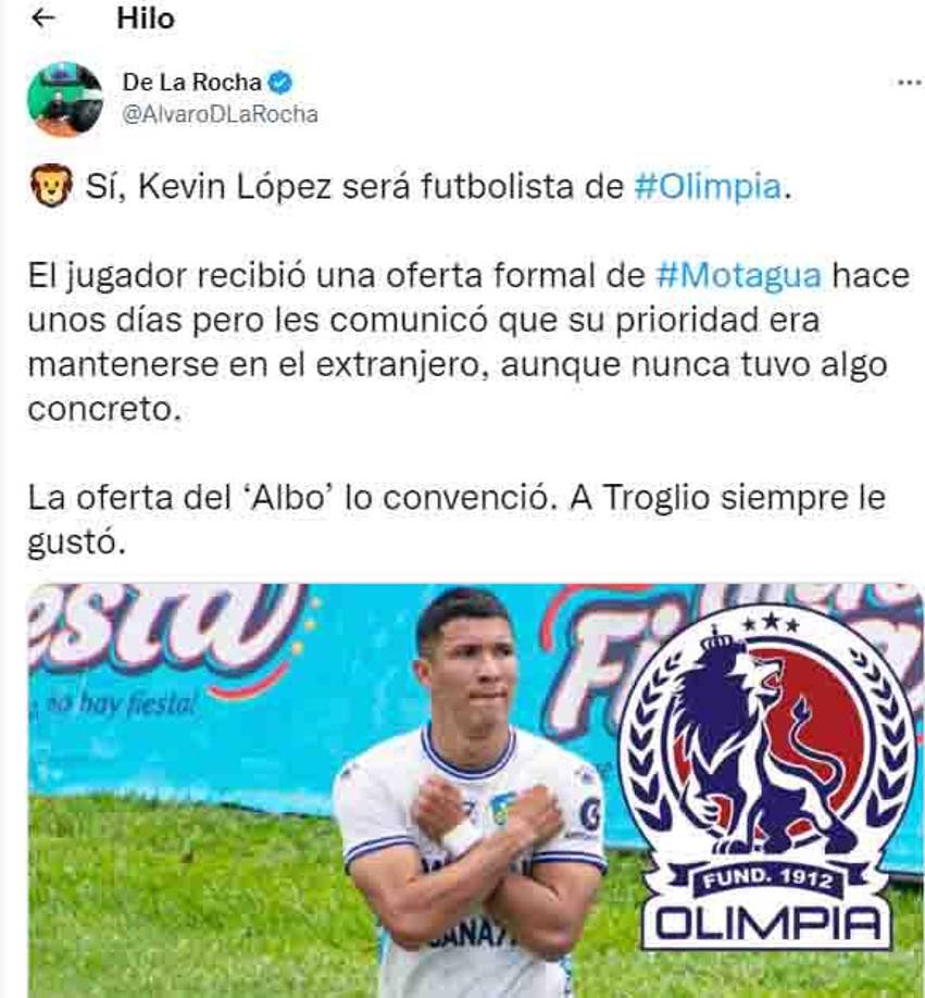 Álvaro de la Rocha señaló que a Kevin López “lo convenció la oferta del Olimpia.”