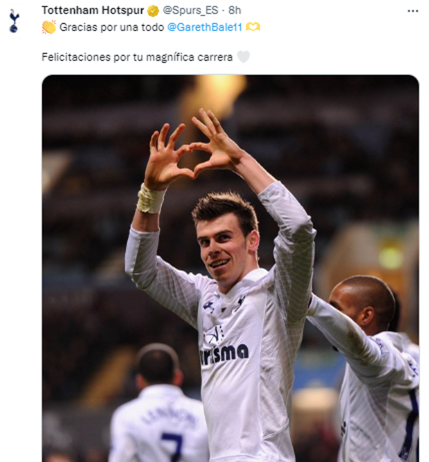 Tottenham: “Felicidades por una carrera increíble.<b> Nació para jugar en los </b><i><b>Spurs.</b></i><b> Gracias por todo”</b>, escribió el club que le catapultó al estrellato internacional.
