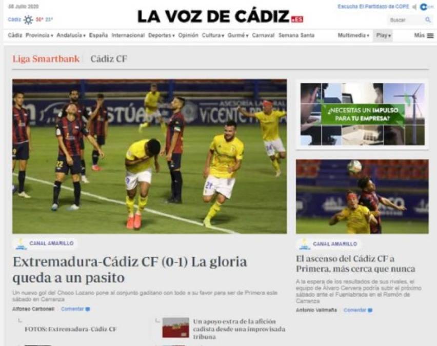 La voz de Cádiz - 'La gloria queda a un pasito'. 'Un nuevo gol del Choco Lozano pone al conjunto gaditano con todo a su favor para ser de Primera este sábado en Carranza'.