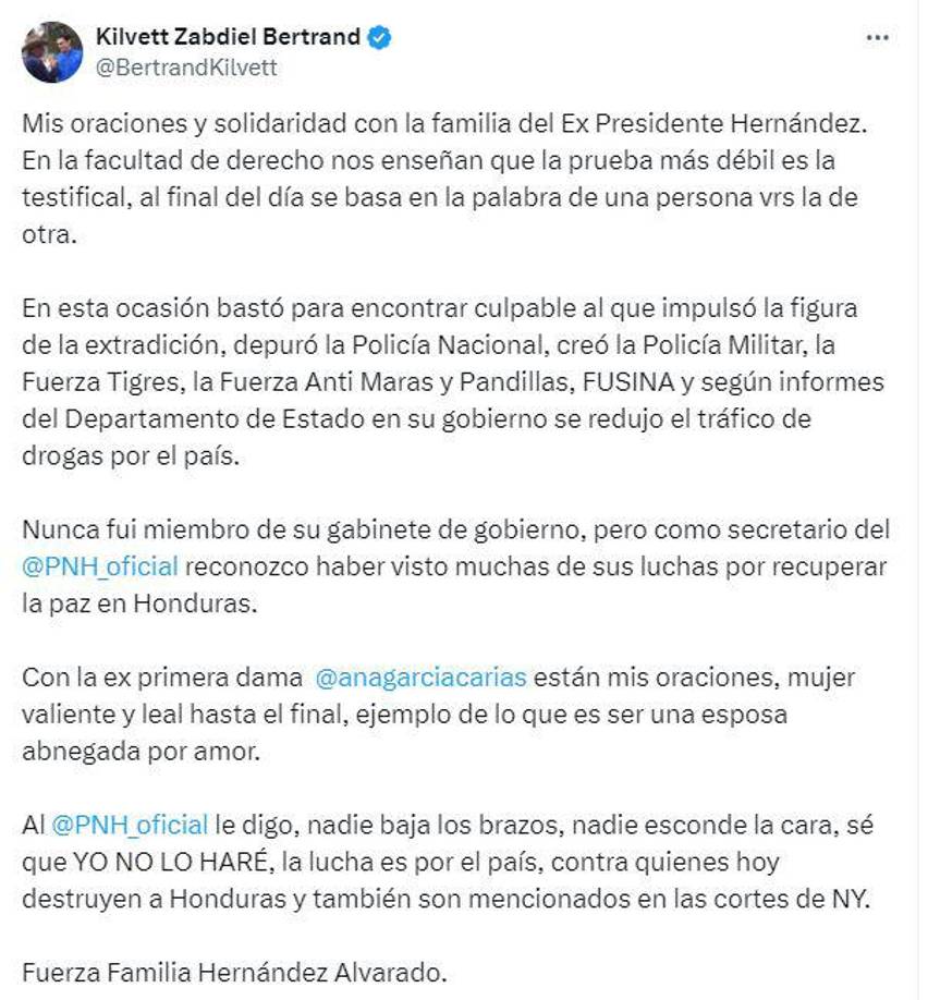 7. El dirigente nacionalista, Kilvett Bertrand, también emitió una amplia opinión sobre el veredicto de culpabilidad contra Juan Orlando Hernández. 
