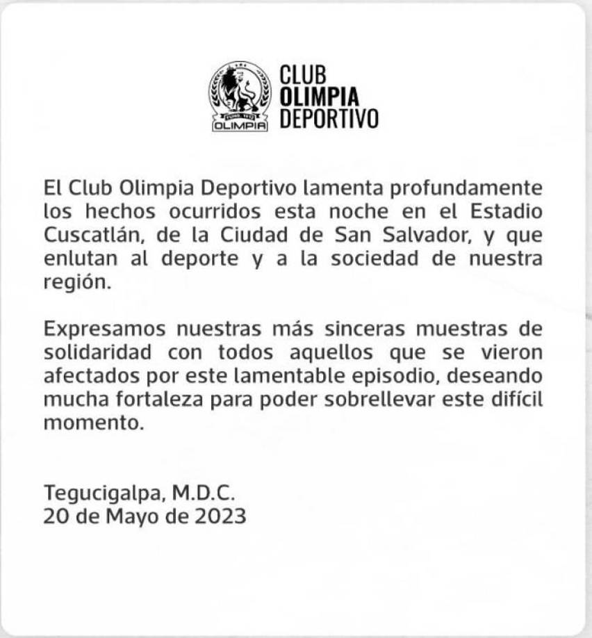 Comunicado de Olimpia tras la tragedia ocurrida en El Salvador.