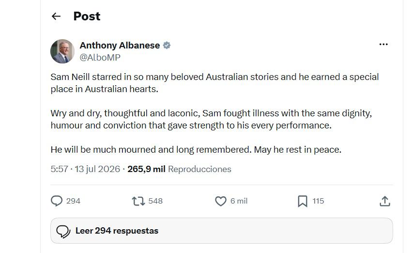 Actores y directores recuerdan a Sam Neill: Un auténtico caballero