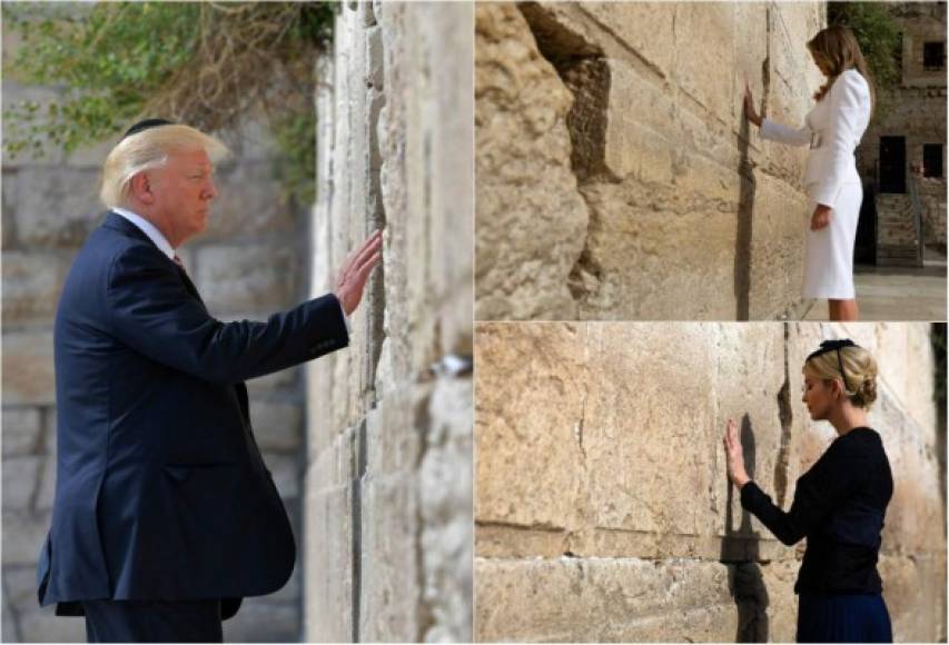 Donald Trump se convirtió hoy en el primer presidente de EUA en activo en visitar el Santo Sepulcro y el Muro de las Lamentaciones, lugares sagrados del Cristianismo y el Judaísmo, en la Ciudad Vieja de Jerusalén, en lo que la comunidad internacional considera territorio palestino ocupado. El mandatario fue acompañado por la primera dama, Melania Trump, y su hija y consejera, Ivanka Trump.