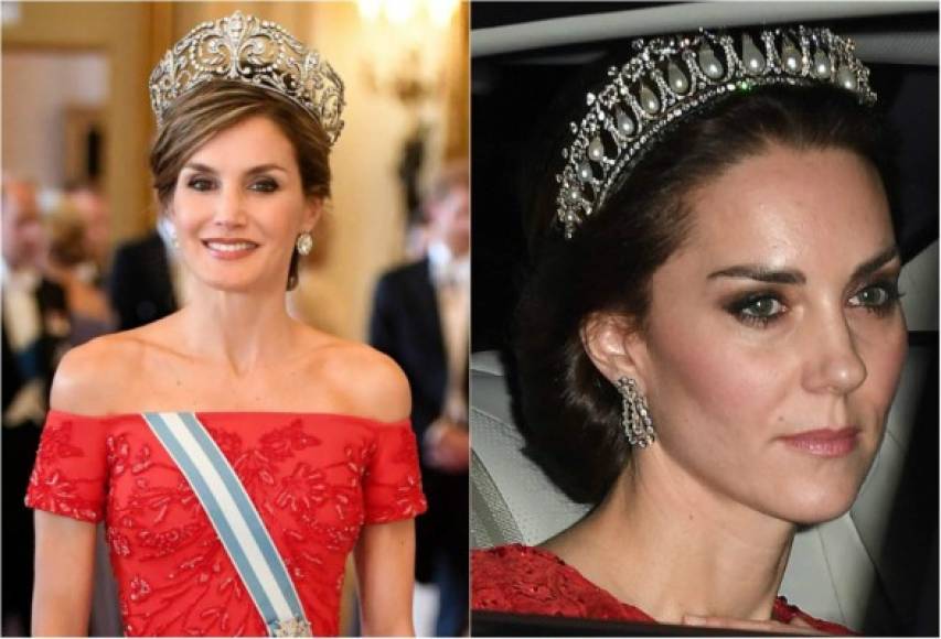 La reina Letizia de España y la duquesa de Cambridge protagonizaron un duelo de coronas durante el banquete de gala en honor a los reyes españoles realizado esta noche en el palacio de Buckingham.