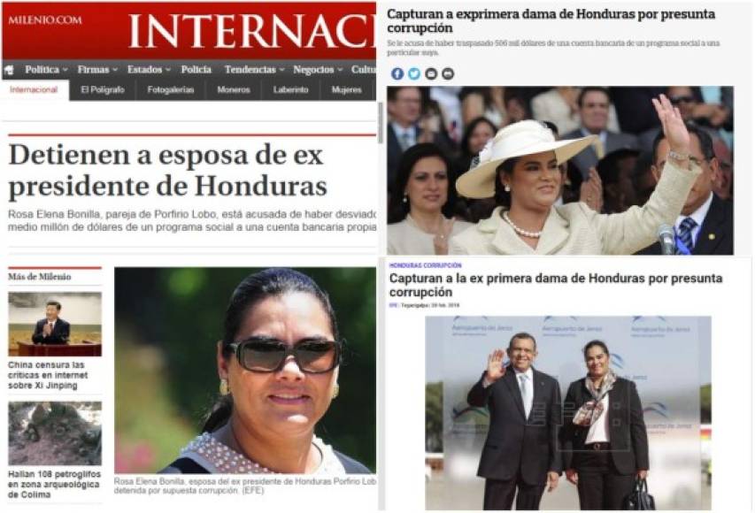 Medios internacionales destacaron en sus portales digitales la captura de la ex primera dama de Honduras Rosa Elena Bonilla, esposa del expresidente hondureño Porfirio Lobo (2010-2014).