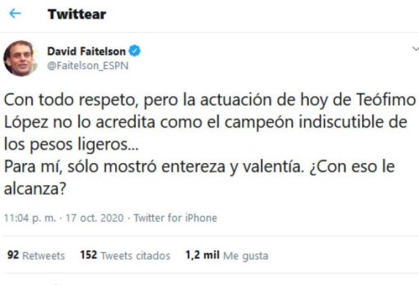 Este es uno de los polémicos mensajes de Faitelson sobre Teófimo. El periodista de ESPN cuestionó la pelea del hondureño.