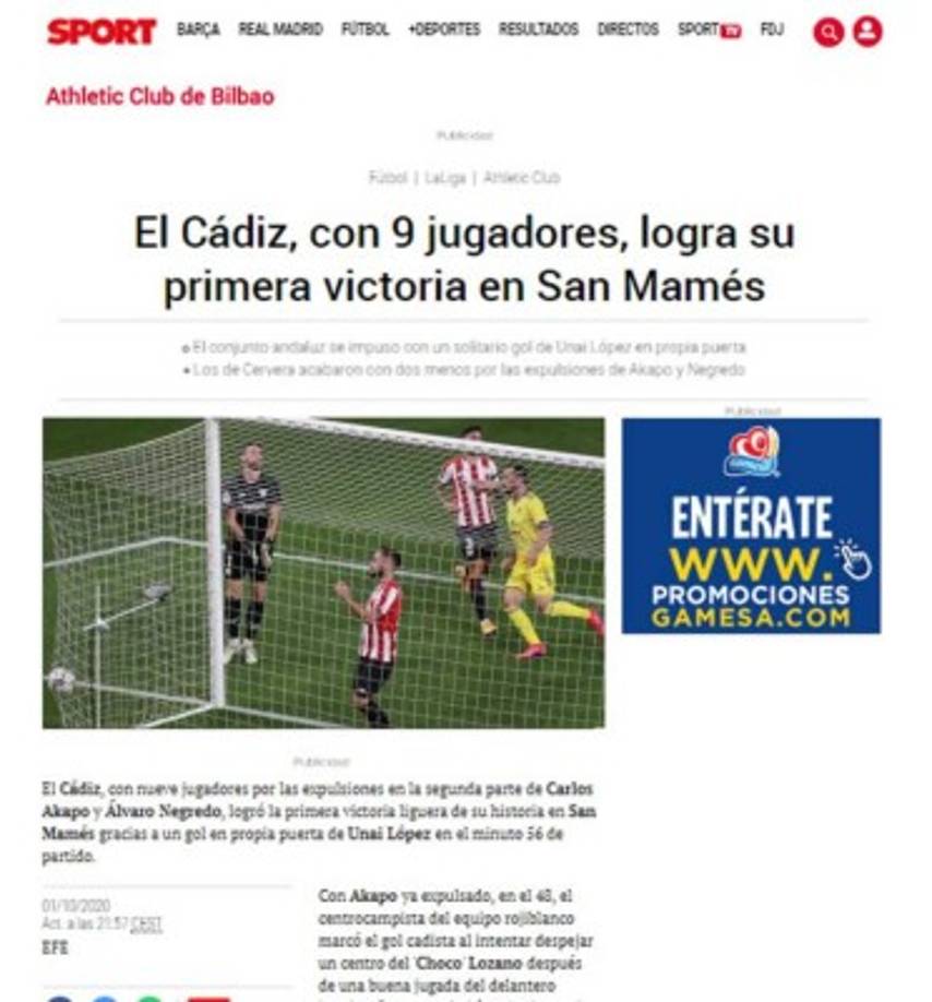 Diario Sport - 'El Cádiz, con 9 jugadores, logra su primera victoria en San Mamés'. 'Unai López marcó el gol cadista al intentar despejar un centro del 'Choco' Lozano después de una buena jugada del delantero hondureño, que ya había avisado en el minuto 50 con un disparo desde fuera del área al que respondió bien Unai Simón'.