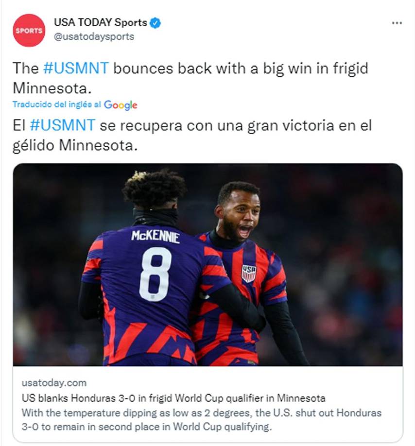 USA Today - “Estados Unidos se recupera con una gran victoria en el gélido Minnesota”.