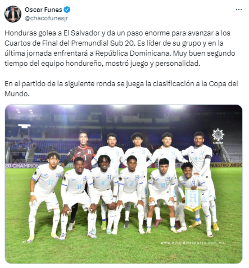 “Honduras golea a El Salvador y da un paso enorme para avanzar a los Cuartos de Final del Premundial Sub 20”, expresó el periodista Oscar Funes.