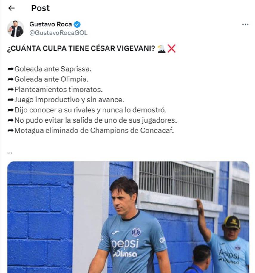 Gustavo Roca nombró los resultados adversos que ha tenido Vigevani desde su llegada al Motagua. 