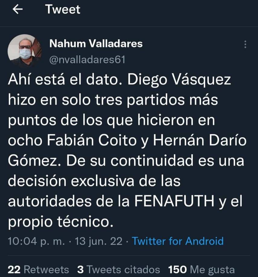 Nahum Valladares: “Diego Vázquez hizo en solo tres partidos más puntos de los que hicieron en ocho Fabián Coito y Bolillo Gómez”.