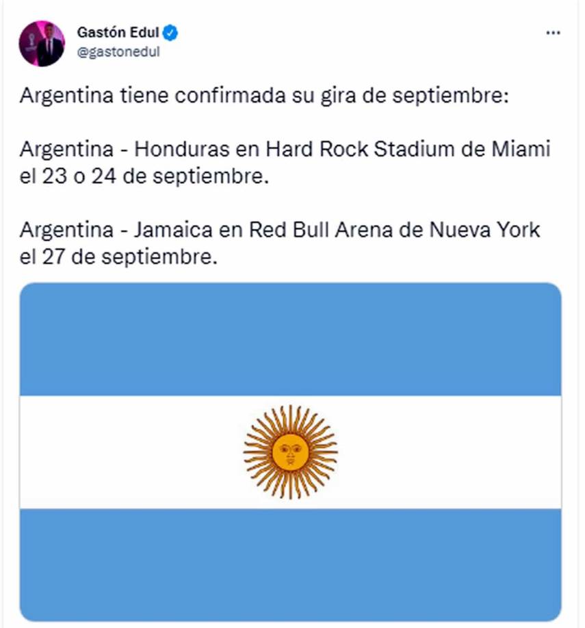 Gastón Edul - El periodista de TyC Sports fue quien confirmó los partidos amistosos de Argentina contra Honduras y Jamaica. En su intervención en el canal televisivo, Edul dijo que “obviamente que hubieran preferido otros rivales, otros amistosos, pero como se dilató mucho la resolución del fallo FIFA para que no se juegue el partido pendiente por eliminatoria, no quedó margen para nada”.