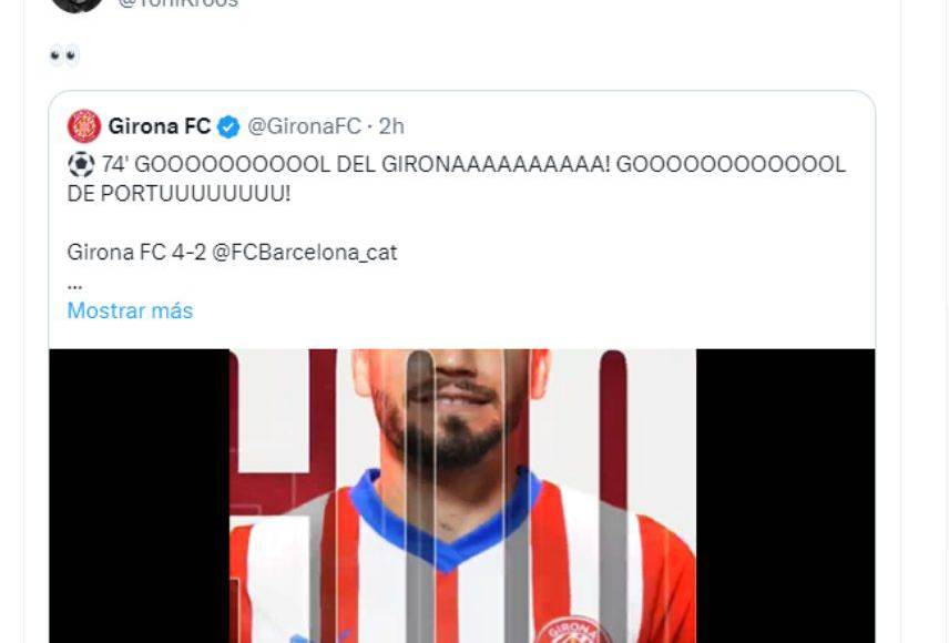 El alemán Toni Kroos estuvo pendiente del Barcelona y dejó su mensaje en uno de los goles de Girona. 