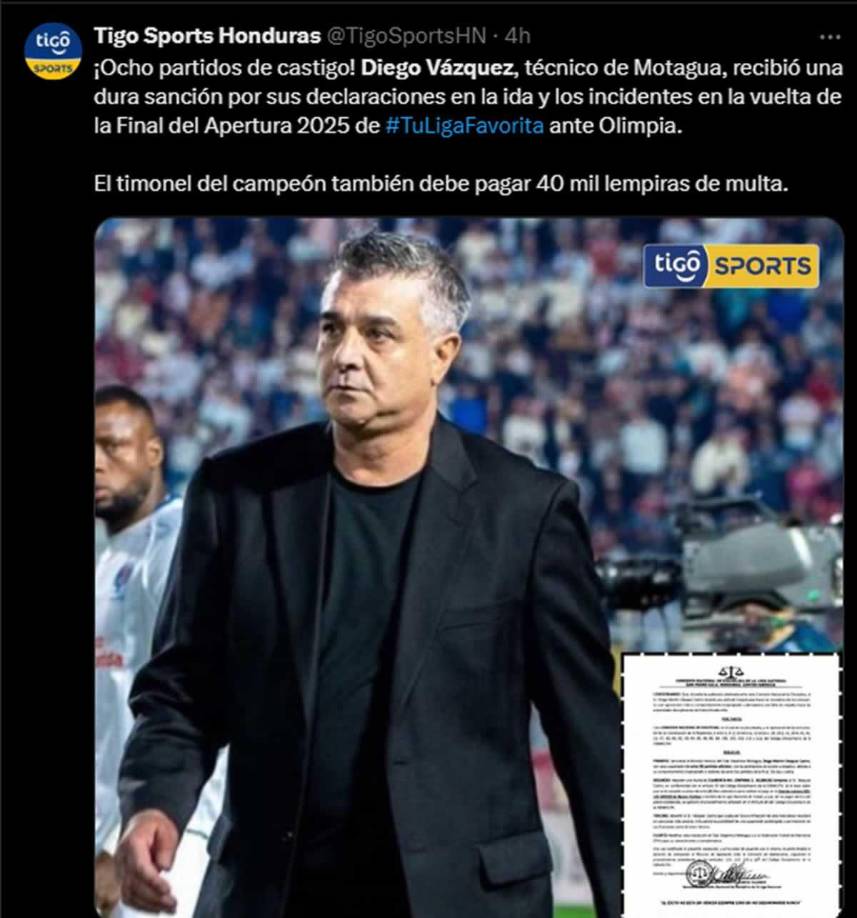 Tigo Sports - “¡Ocho partidos de castigo! Diego Vázquez recibió una dura sanción por sus declaraciones en la ida y los incidentes en la vuelta de la Final del Apertura 2025”.