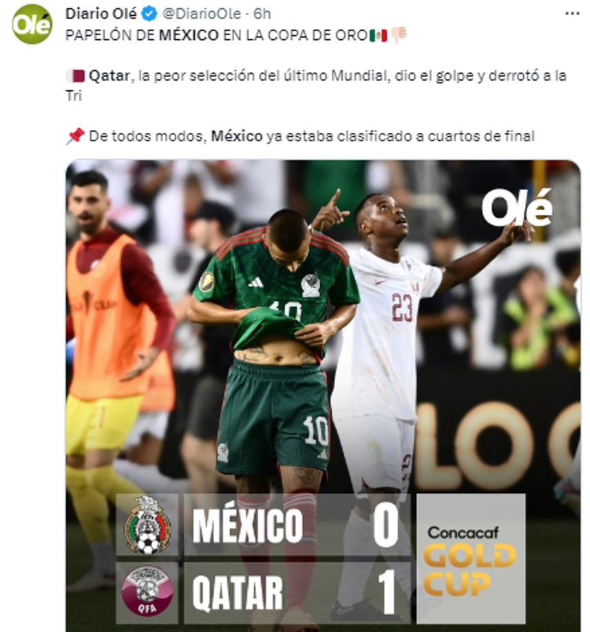 Diario Olé de Argentina: “PAPELÓN DE MÉXICO EN LA COPA DE ORO”