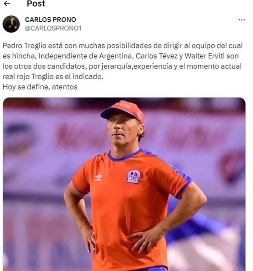 Carlos Prono, exjugador histórico del Olimpia y hoy comentarista deportivo, reveló que Troglio está con muchas posibilidades de llegar al banquillo de Independiente.