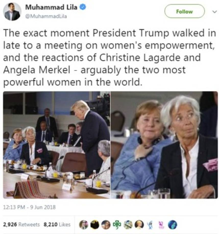 Periodistas también destacaron la reacción de Merkel y Christine Lagarde tras el retraso de Trump a una reunión.