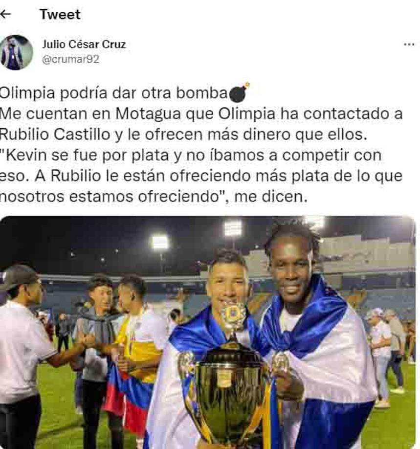 El periodista Julio Cruz también informó que el Olimpia está interesado en fichar a Rubilio Castillo, el máximo goleador del Motagua. 