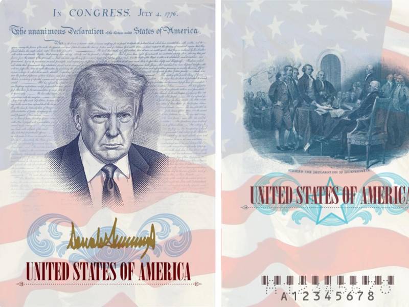 Fotografía divulgada por el Departamento de Estado de Estados Unidos que muestra dos páginas de un pasaporte, en una aparece el rostro del presidente Donald Trump enmarcado por la Declaración de Independencia y la bandera estadounidense, junto con su firma en color dorado; y en la otra página muestra a los Padres Fundadores firmando la declaración.