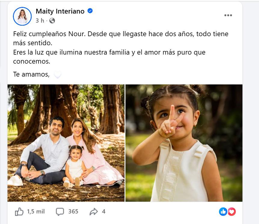 Maity Interiano celebra el segundo cumpleaños de su primogénita